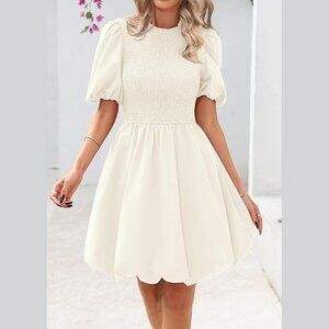 KIRUNDO Women’s Smocked Puff Sleeve Mini Bubble Hem Dress, Sz Large, BNWT